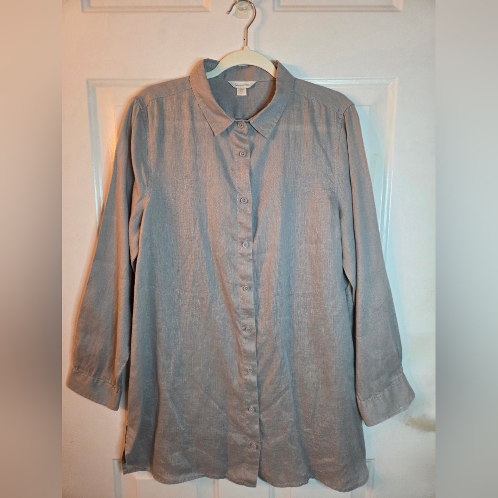 Garnet Hill Womens 100% Linen Long Sleeve Shirt Dress Tan Size L